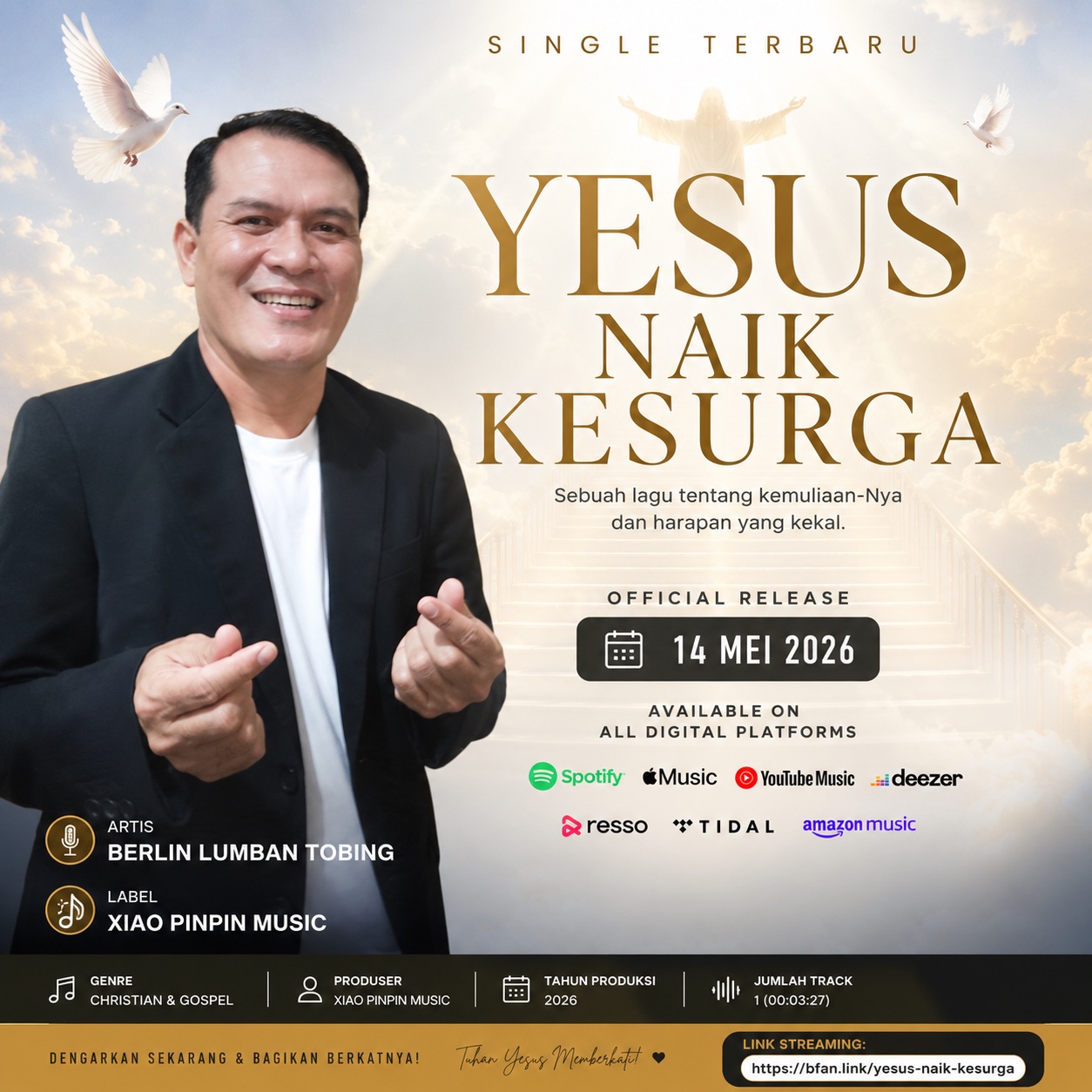 Poster sampul "Yesus Naik Ke Surga" oleh Berlin Lumban Tobing — rilis 14 Mei 2026